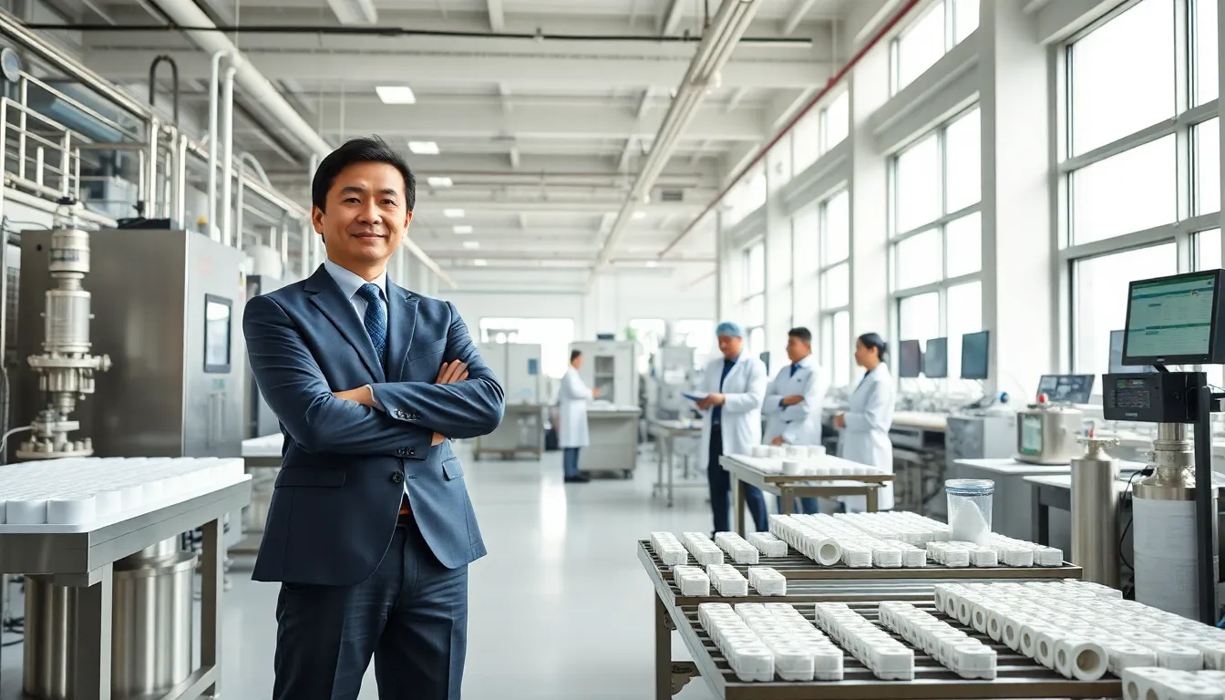 manager in a high tech filter manufacturing cleanroom reviewing filtration products