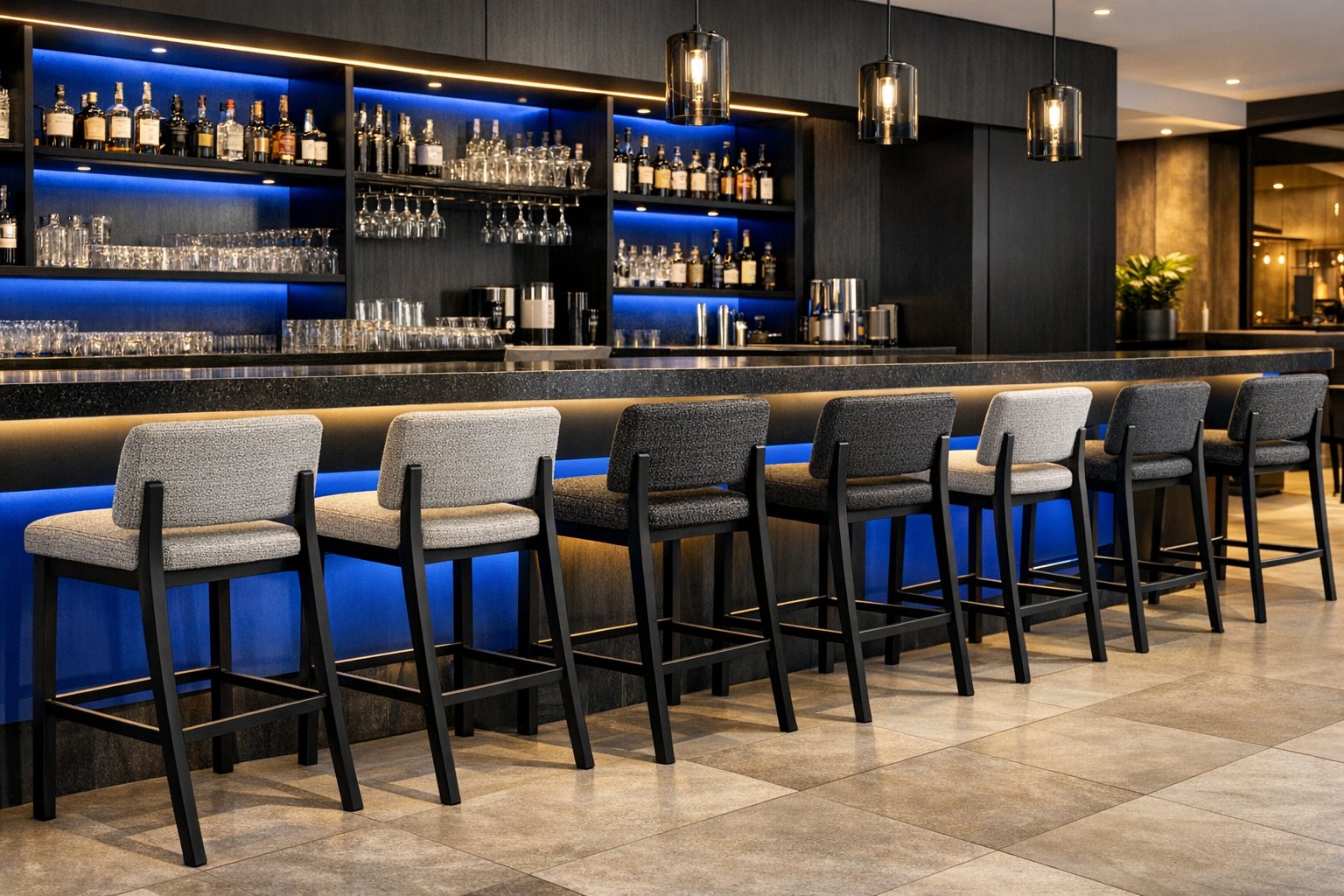 modern bar with stylish ergonomic commercial bar stools in blue and dark tones